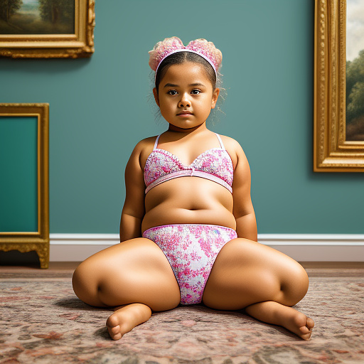 10 year old girl a little bit chubby wearing tight and light bikini, sitting and spreading her legs up and make it realistic and make it acceptable  in rococo style