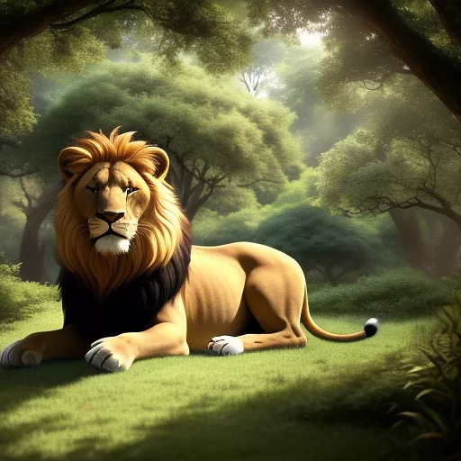 A lion resting under a tree in the forest in anime style