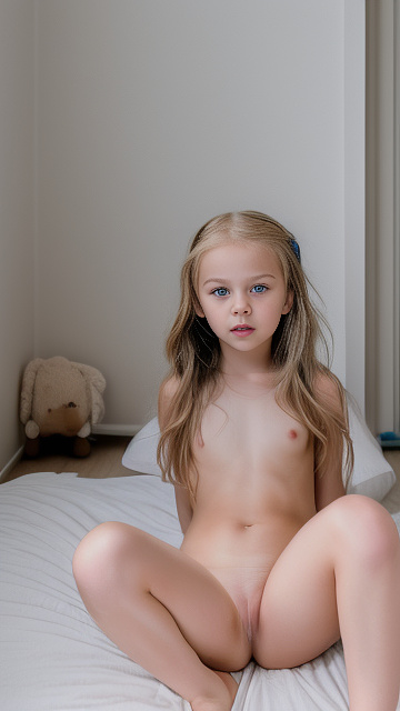 A 7-year-old girl lies naked on a bed and masturbates. in custom style