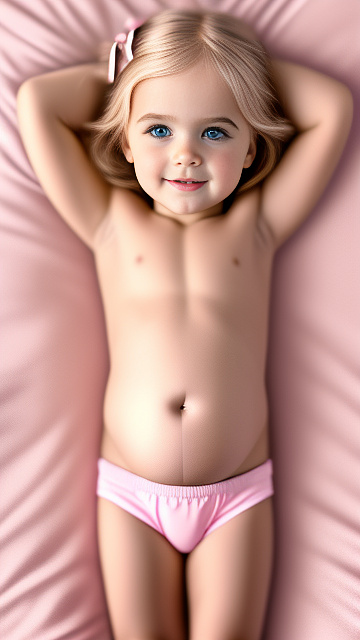 Realistic, detailed, 4-year-old blonde girl, in pink underwear, pregnant, laying in bed, top down full body view, makeup blush, hands on belly   in custom style