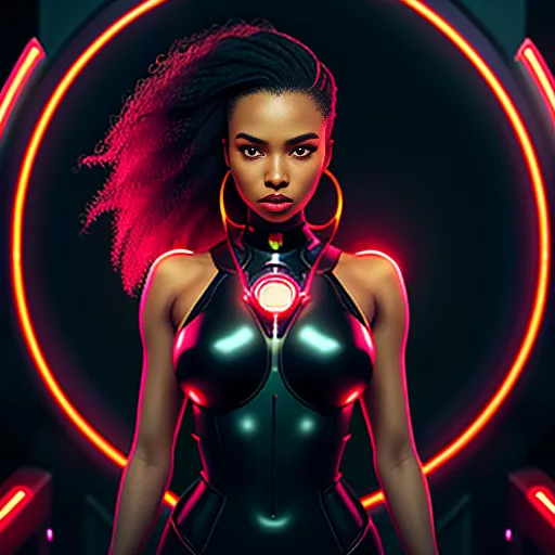 Girl with dark skin, bright red eyes, gold jewelry, and long curly, dark red hair  in sci-fi style