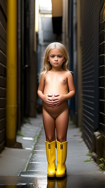 Pregnant, 7-years-old-girl, blonde, yellow boots, topless nude, alleyway, front view in custom style