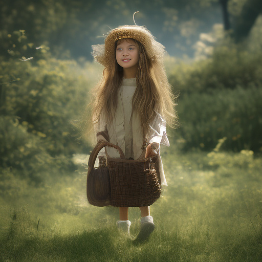 A girl is skipping across a sunny lawn. she has a basket in her hands and a hat on her head. in custom style