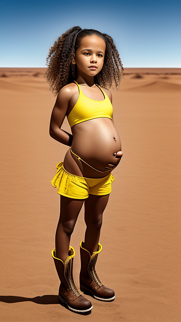 Hyper-realistic, hyper-detailed, pregnant, 7-years-old, jenna ortega, desert, yellow bikini and boots muscular in custom style