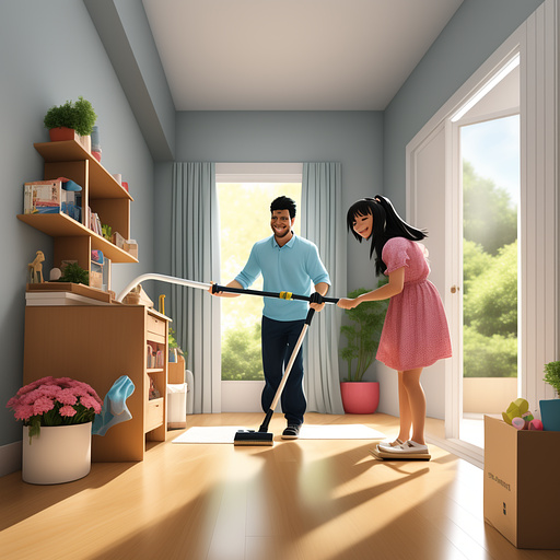 A family of four members is turning household chore into a joyful activity. with a grin on his face, the father is happily cleaning the curtain. the mother is vacuuming the floor, her face lit up with a broad smile. their son is carefully dusting the desk. his cheerful face indicates he is enjoying this family moment. the daughter is dutifully carrying a box filled with items, maybe to move them to a new location. in anime style