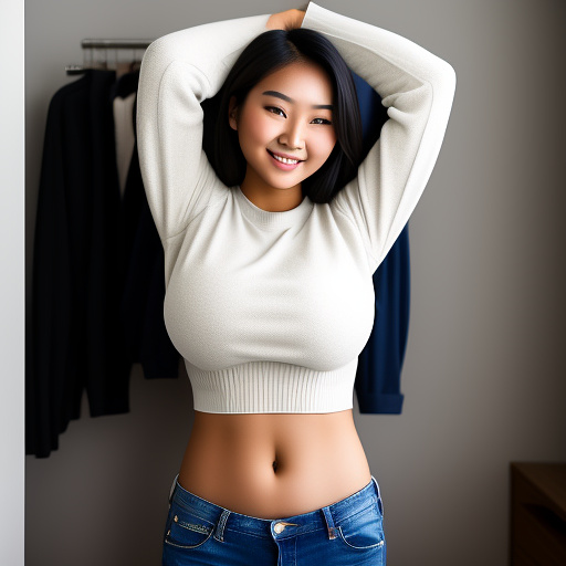 Sexy asian college student with big boobs getting tickled with her arms up and in a very loose long sleeve cropped sweater and long jeans pants and showing her whole belly and standing in the bedroom in custom style
