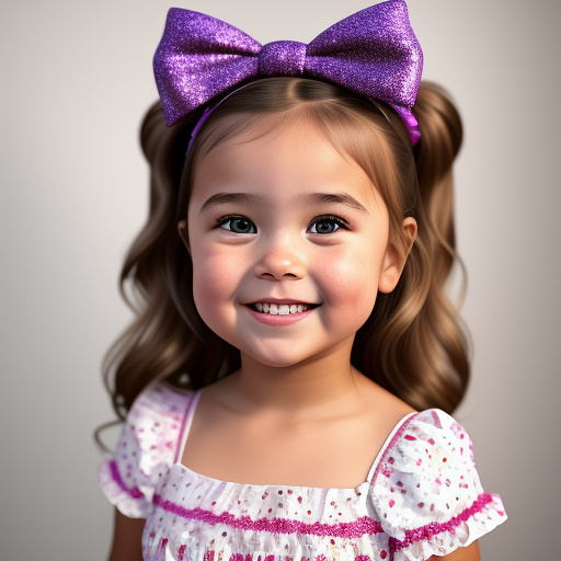 A one year old girl with a little bit of very very light brown hair, light brown glossy eyes, red chubby cheeks, a very big and cute smile with dimples and she is wearing a purple glittery bow and dress in disney 3d style