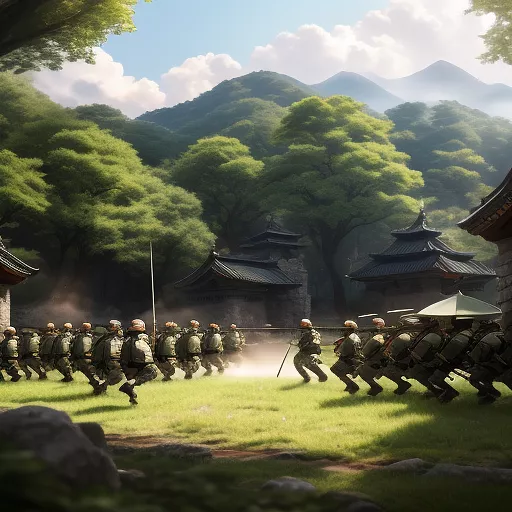 A lot of soldiers attack the stronghold
soldiers had sword and bow and sheild in anime style
