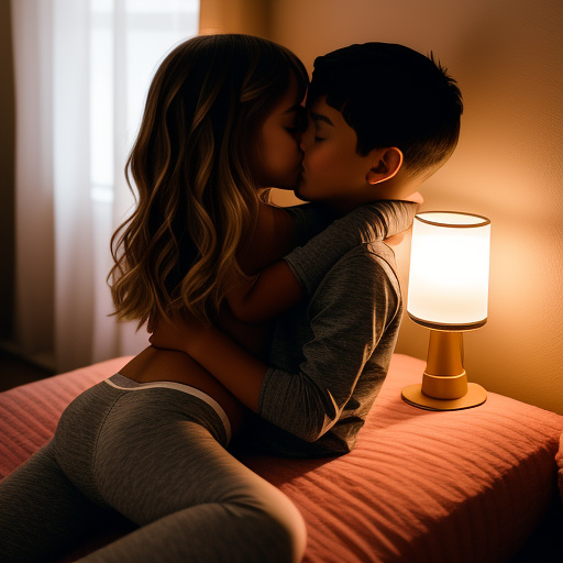 A romantic moment between a childhood couple in a cozy bedroom. the 11-year-old sexy hot girl, wearing a light, stylish bras and yoga pants, shares a gentle kiss with her 11-year-old boyfriend.  in custom style
