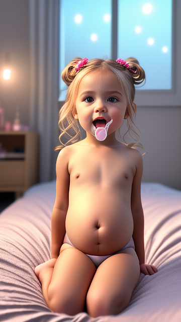 Realistic, detailed, 4-year-old blonde girl, pregnant, tan wedding outfit, showing belly, laying in bed, top down full body view, red blush, tan skin, mouth open, milk in mouth  in angelcore style