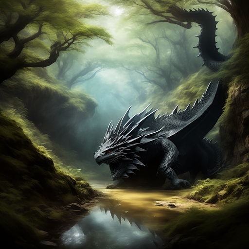 Dragon sinking deep into forest quicksand in anime style