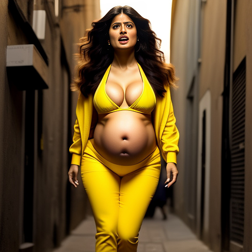 Pregnant, salma hayek, yellow bikini, yellow boots, alleyway, screaming in pain, front view in custom style