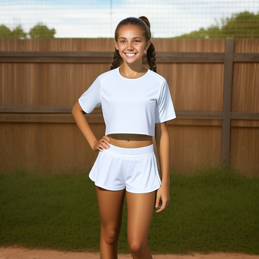 Extremely attractive 13 year old very youthful, happy, athletic, white, girl with brown hair, freckled face and big breasts wearing a tight, athletic crop-top t-shirt with tight, athletic shorts and tennis shoes standing in front of a wood fence with chipped, white paint. in custom style
