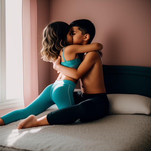 A romantic moment between a childhood couple in a cozy bedroom. the 11-year-old sexy hot girl, wearing a light, stylish bras and yoga pants, shares a gentle kiss with her 11-year-old boyfriend.  in custom style