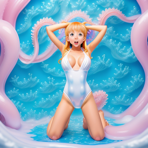 10 year old girl
one piece swimsuit
big boobs
big vagina
covered fully in white slime tentacles
screaming crying
kneeling front view in anime style