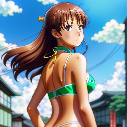 Realistic, detailed, 13-year-old asian, a shiny bikini, in anime style