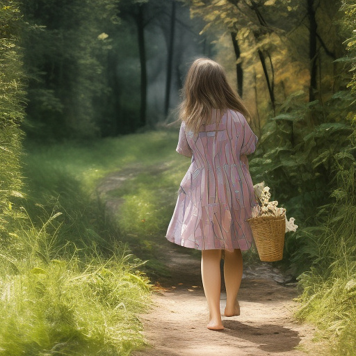 A 9-year-old girl is walking along a forest path. it's evening. she has a basket in her hand. view from behind. in custom style