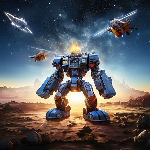 A cheerful transformer flies through space against the backdrop of planets. in disney painted style