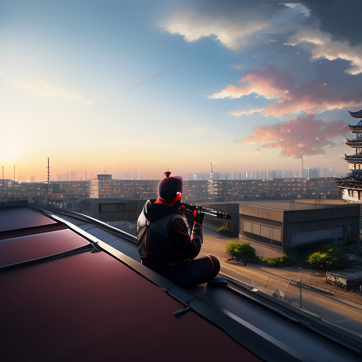 Hyper realistic portrait dead pool listening to music thru headphones while hanging out on roof top in post apocalyptic world in anime style