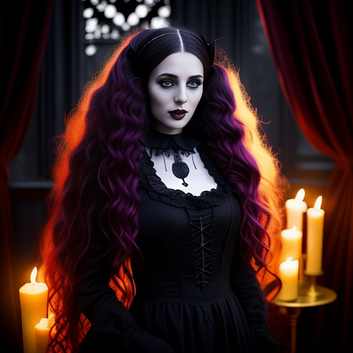 Female, long curly blonde hair, hazbin hotel, queen, purple dress, purple eyes, evil, demon, golden hour, cannibal in gothic style