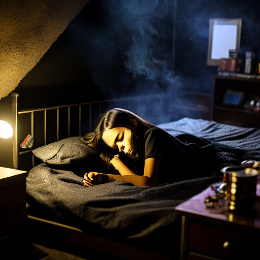 The room is dark, smoky and a mess, the bed is broken. there is an ashtray with an outstanding cigarette on the table. a 13-year-old girl is lying on a bed and crying. in custom style
