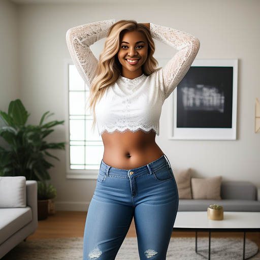 Curvy blonde college student with her arms up in a loose long sleeve cropped lace shirt and long jeans pants and showing her belly and full body portrait and in the living room in custom style