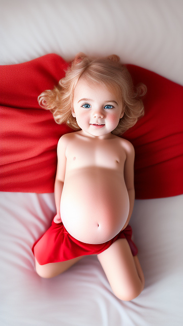 Realistic, detailed, 4-year-old blonde girl, in red peach dress, pregnant, laying in bed, top down full body view, red blush, right hand on belly   in custom style