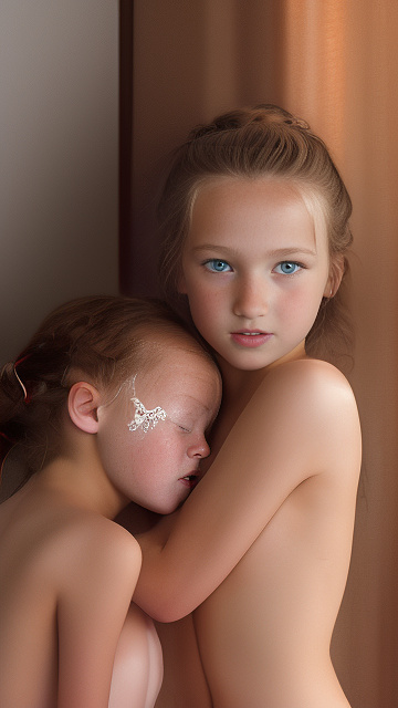 A 9-year-old naked girl is sucking another girl's breast. in custom style