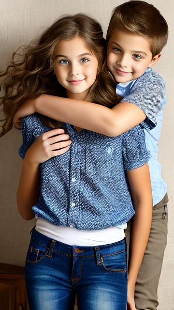 A romantic moment between a childhood couple. the grade-5 sexy hot american girl, wearing her sexy jeans and her sexy shirt hugging the grade-5 american boy. in custom style
