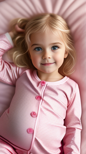 Realistic, detailed, 5-year-old blonde girl, in pink pajamas, pregnant, laying in bed, top down view in custom style