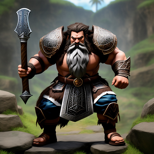 A dwarf barbarian with brown hair, blue eyes, and a long beard. they are wearing leather armor and wielding a great axe. they are highly athletic and strong.
 in anime style