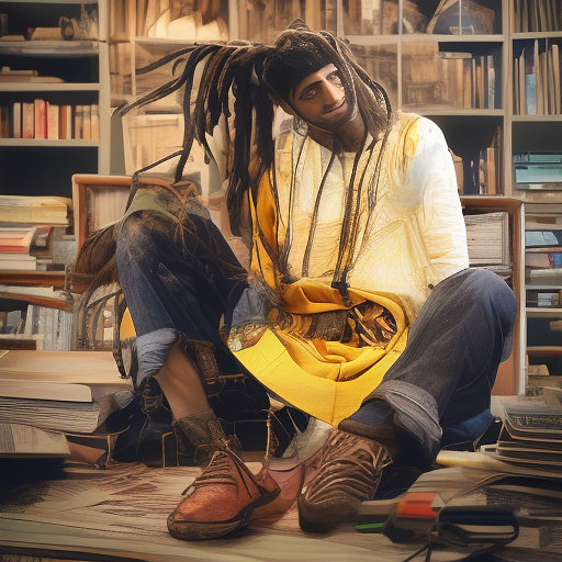 A black rastafarian is sitting on his desk, smiling happily. in custom style