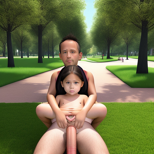 Ultra realistically a 9 year old girl sits in the park with a 40 -year -old man on his lap his penis penetrates into her vagina a sperm liquid runs out of her vagina in custom style