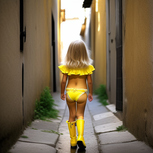Pregnant, 7-years-old-girl, blonde hair, yellow bikini, yellow boots, backalley, bulge in custom style