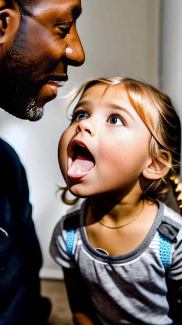 White, blonde, very cute, girl 7 years old , girl on her knees, mouth open, facing towards black uncle who is standing, both people shown in picture  in custom style
