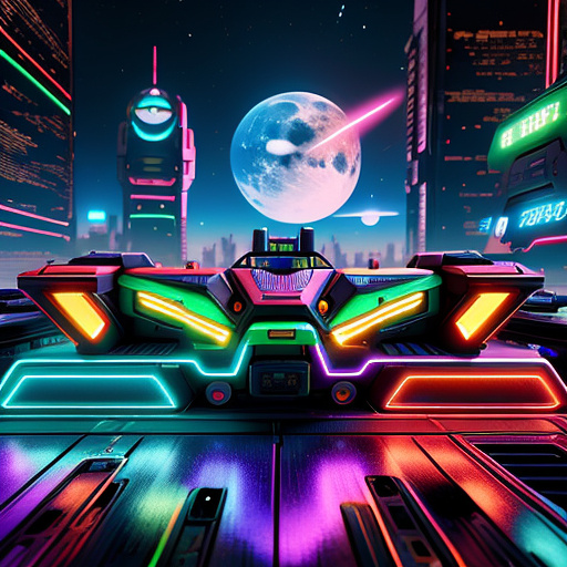 A cheerful transformer flies through space against the backdrop of planets. in cyberpunk style