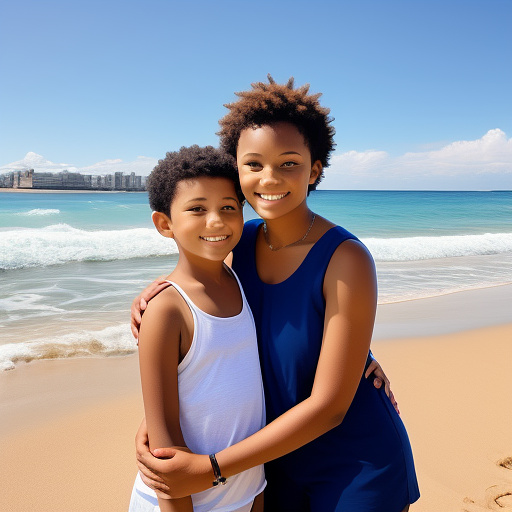 11 year old boy and his mother at the beach together  in custom style