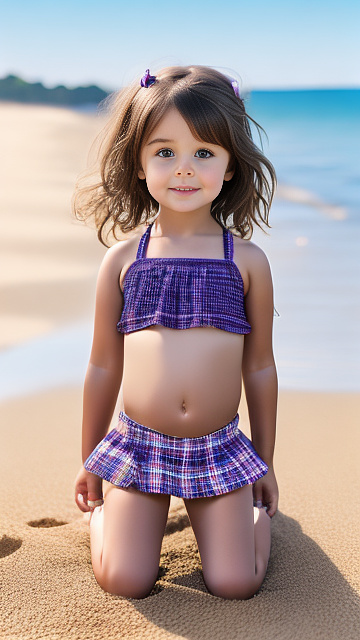Realistic, detailed, 4-year-old girl, brown hair, full-body, small tight purple string-bikini, sitting on the beach, showing between her legs, tummy, light blue tartan mini-skirt in custom style