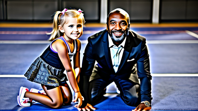 White, blonde, very cute, girl 7 years old , girl on her knees next to black uncle who is standing, both people shown in picture, in custom style