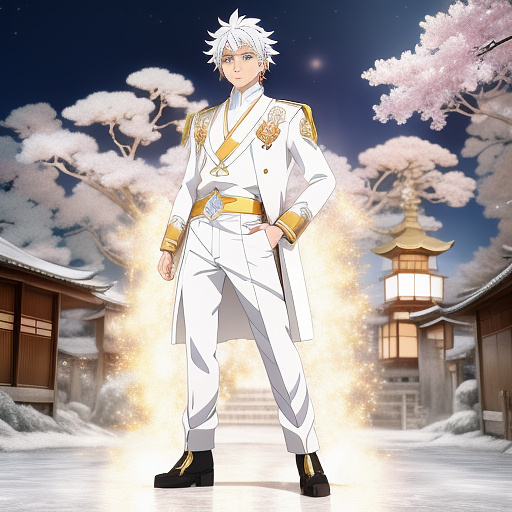 A white haired boy wit golden eyes worn white pants white coat with a crystal gun made with diamond and crystal in anime style  in anime style