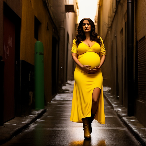 Pregnant, salma hayek, completely nude, yellow boots, alleyway, screaming in pain, full body,  in custom style