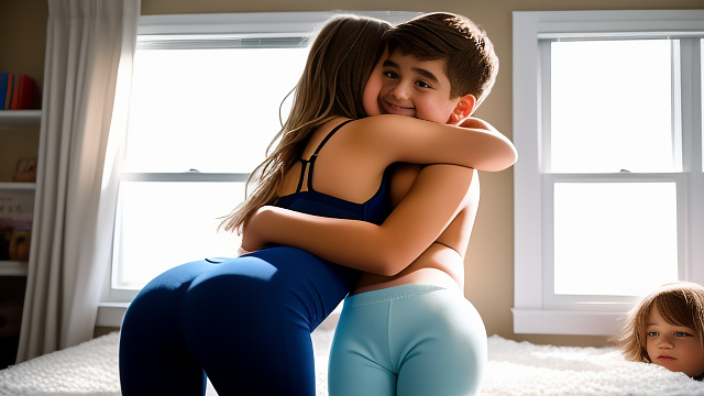 A romantic moment between a childhood couple in a cozy bedroom. the grade-5 sexy hot girl, wearing her thin string bras and her booty leggings, hugging the grade-5 boy. in custom style