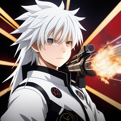 Anime- a white haired boy with a ice and gold high tech gun, with a flaming fists, red eyes, wearing black and white clothes of futuristic style in anime style