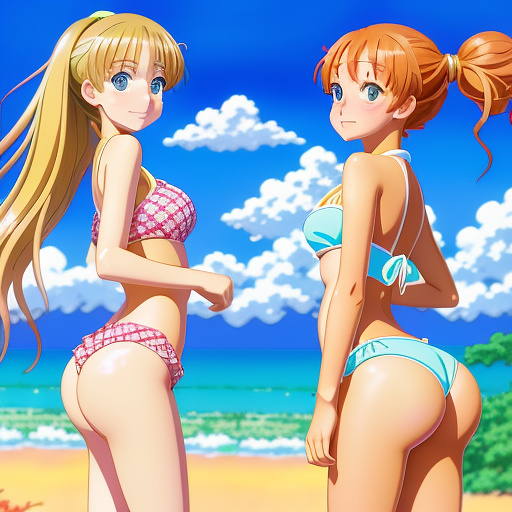 2 tween girls in bikinis with the their legs spread at camara in anime style