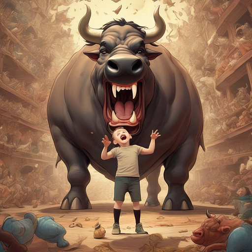 Tiny shrunken boy gets swallowed inside the big, wide open mouth of a huge, fat, stinking, hungry giant bull in fantasy style