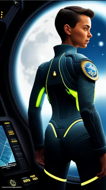 Young, pretty space force pilot with short hair posing for a photograph as seen from behind while looking at the moon through a window from the cockpit of a spaceship.
 in angelcore style