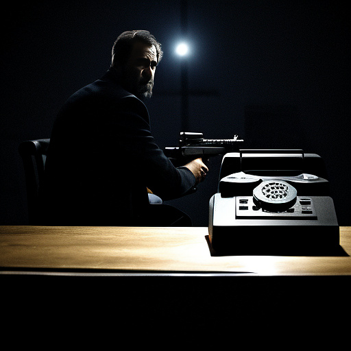 In a dark room, there is a telephone and a gun on the table. a man is sitting on a chair, and he is dead. in custom style
