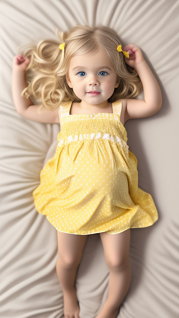 Realistic, detailed, 4-year-old blonde girl, in yellow dress, pregnant, laying in bed, top down full body view, red blush, right hand on belly   in custom style