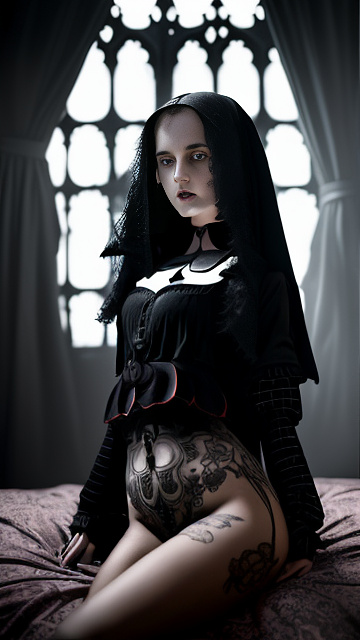 A 12-year-old girl lies naked on a bed and masturbates. in gothic style