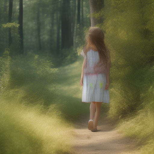 A 9-year-old girl is walking along a forest path. it's evening. she has a basket in her hand. view from behind. in custom style